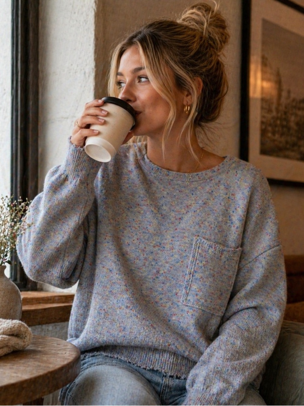 Altar'd State Heathered Light Blue Scoop Neck Sweater with Multicolor Speckle